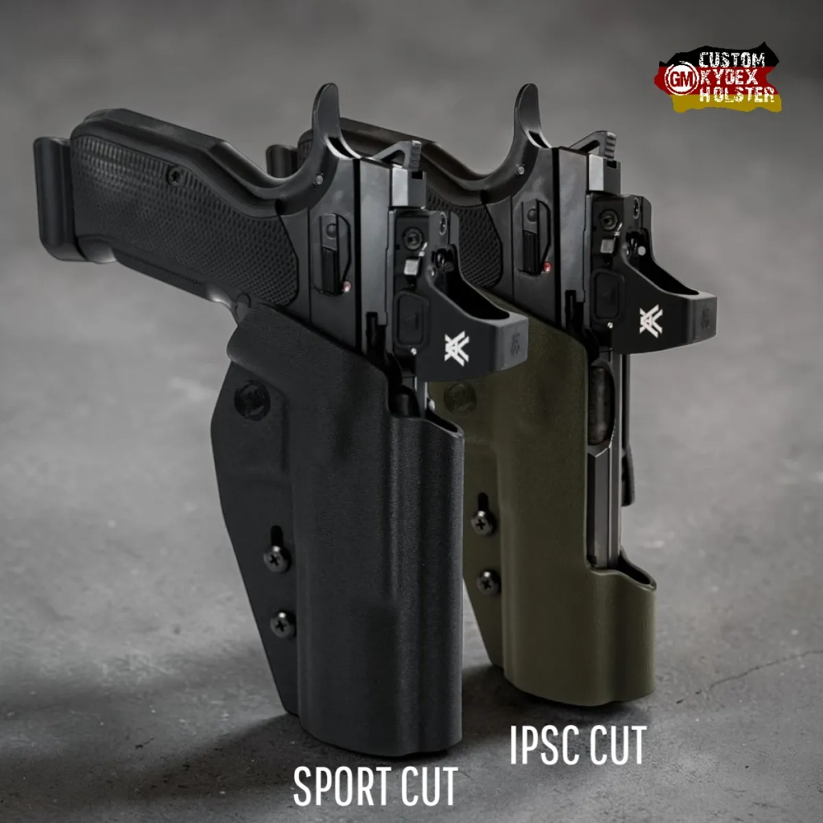 Vergleich GM Sport Kydex Holster für CZ Shadow 2: Links Sport Cut in Schwarz, rechts IPSC Cut in Oliv – beide Optic Ready.